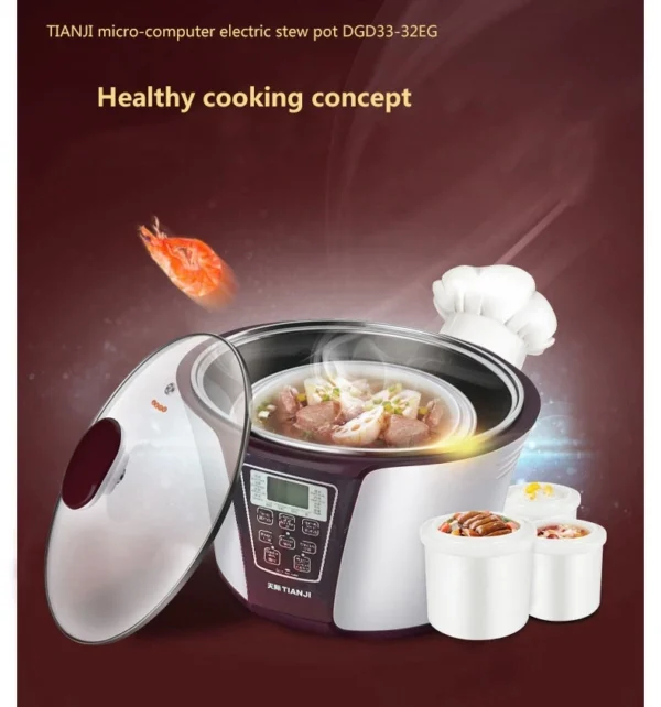Tianji Electric Crock Pot China Health Cooker Stainless Steel OEM Automatic Multi Slow Stew Cooker with Ceramic Liner