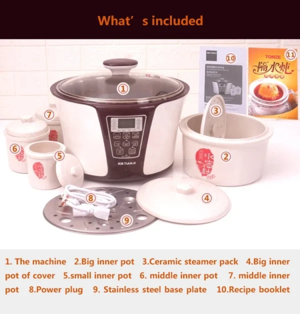 Tianji Electric Crock Pot China Health Cooker Stainless Steel OEM Automatic Multi Slow Stew Cooker with Ceramic Liner