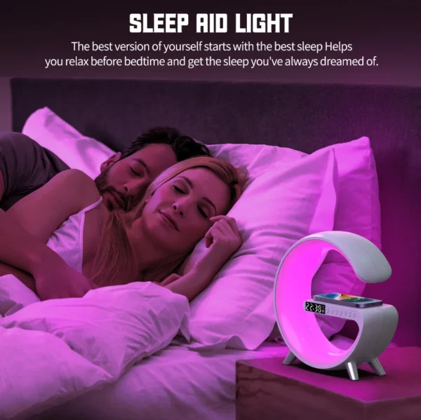 H4f03997fb0024e97a6914bc5eba28872N.webp Hot Model G-shape Atmosphere LED Night Light BT Speaker Music Lamp Alarm Clock Smart Light With 15W Wireless Charger