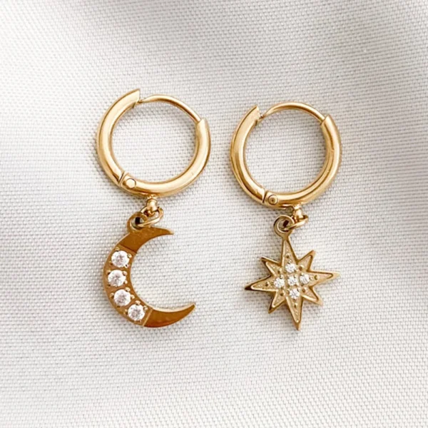 eManco New arrival korea fashion dainty jewelry gold stainless steel  moon and star pendant earrings irregular women