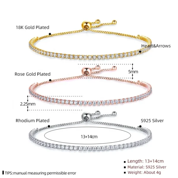 18K Gold Plated Classic Tennis Bracelet For Women Sterling Silver Adjustable Christmas Charm Bracelets & Bangles Fashion Jewelry