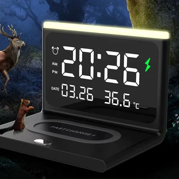 Newest 2 in 1 fast alarm clock Wireless Charger Stand,Cell Phone Holder home 2 in 1 wireless charger with alarm clock