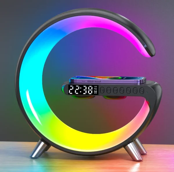 Hab8c806bf84d4b79913f4314fa612472W.webp Hot Model G-shape Atmosphere LED Night Light BT Speaker Music Lamp Alarm Clock Smart Light With 15W Wireless Charger